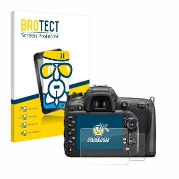 Parte frontal de un envase de producto con el logotipo de la marca BROTECT. Al lado se muestra el dispositivo Nikon D7200 con 
