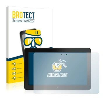 Parte frontal de un envase de producto con el logotipo de la marca BROTECT. Al lado se muestra el dispositivo Dell Venue 11 Pr