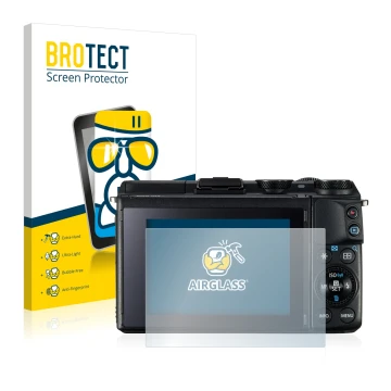 Parte frontal de un envase de producto con el logotipo de la marca BROTECT. Al lado se muestra el dispositivo Canon EOS M3 con