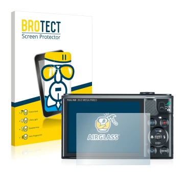 Parte frontal de un envase de producto con el logotipo de la marca BROTECT. Al lado se muestra el dispositivo Canon PowerShot 