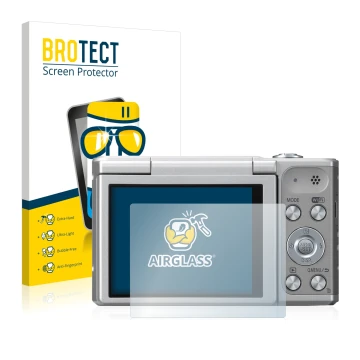 Parte frontal de un envase de producto con el logotipo de la marca BROTECT. Al lado se muestra el dispositivo Panasonic Lumix 