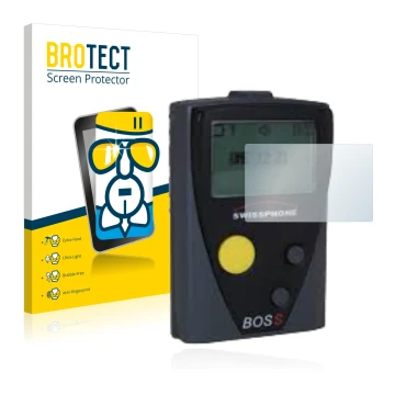 Parte frontal de un envase de producto con el logotipo de la marca BROTECT. Al lado se muestra el dispositivo Swissphone Boss 