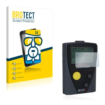 Parte frontal de un envase de producto con el logotipo de la marca BROTECT. Al lado se muestra el dispositivo Swissphone Boss 