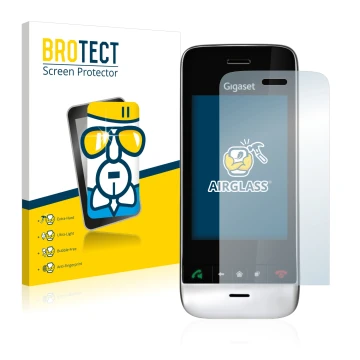 Parte frontal de un envase de producto con el logotipo de la marca BROTECT. Al lado se muestra el dispositivo Gigaset SL910 (r