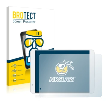 Parte frontal de un envase de producto con el logotipo de la marca BROTECT. Al lado se muestra el dispositivo Teclast X89HD co