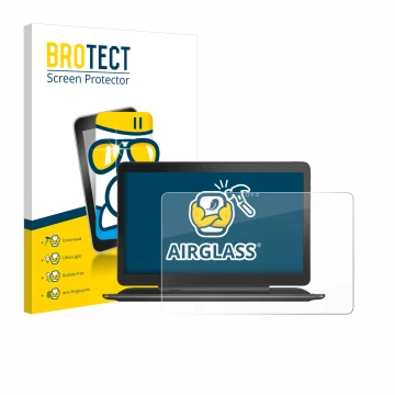 Parte frontal de un envase de producto con el logotipo de la marca BROTECT. Al lado se muestra el dispositivo Dell Latitude 13
