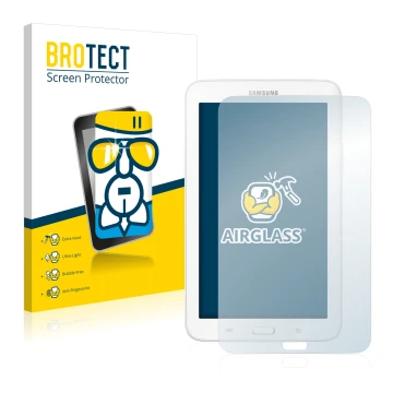 Parte frontal de un envase de producto con el logotipo de la marca BROTECT. Al lado se muestra el dispositivo Samsung Galaxy T