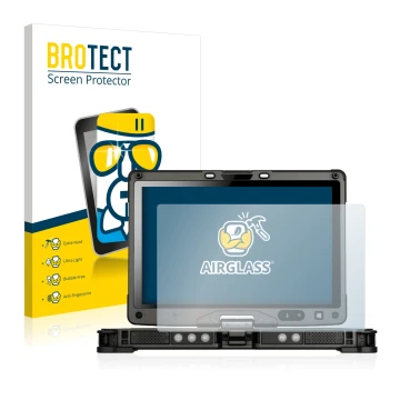 Parte frontal de un envase de producto con el logotipo de la marca BROTECT. Al lado se muestra el dispositivo Getac V110 con s