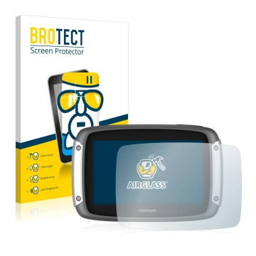 Parte frontal de un envase de producto con el logotipo de la marca BROTECT. Al lado se muestra el dispositivo TomTom Rider 400