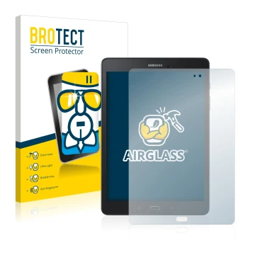 Parte frontal de un envase de producto con el logotipo de la marca BROTECT. Al lado se muestra el dispositivo Samsung Galaxy T