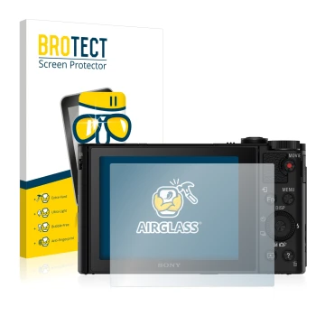 Parte frontal de un envase de producto con el logotipo de la marca BROTECT. Al lado se muestra el dispositivo Sony Cyber-Shot 