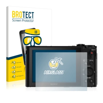 Parte frontal de un envase de producto con el logotipo de la marca BROTECT. Al lado se muestra el dispositivo Sony Cyber-Shot 