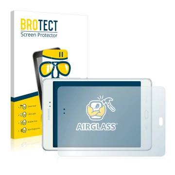 Parte frontal de un envase de producto con el logotipo de la marca BROTECT. Al lado se muestra el dispositivo Samsung Galaxy T