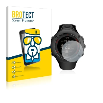 Parte frontal de un envase de producto con el logotipo de la marca BROTECT. Al lado se muestra el dispositivo Suunto Ambit3 Ru