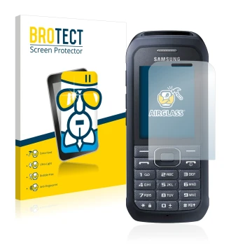 Parte frontal de un envase de producto con el logotipo de la marca BROTECT. Al lado se muestra el dispositivo Samsung Xcover 5