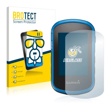 Parte frontal de un envase de producto con el logotipo de la marca BROTECT. Al lado se muestra el dispositivo Garmin eTrex Tou