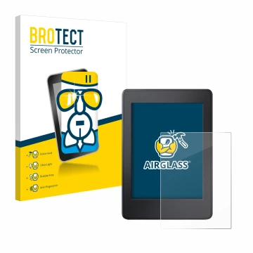 Parte frontal de un envase de producto con el logotipo de la marca BROTECT. Al lado se muestra el dispositivo Amazon Kindle Pa