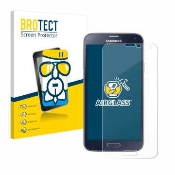 Parte frontal de un envase de producto con el logotipo de la marca BROTECT. Al lado se muestra el dispositivo Samsung Galaxy S