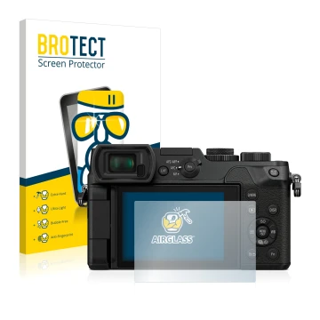 Parte frontal de un envase de producto con el logotipo de la marca BROTECT. Al lado se muestra el dispositivo Panasonic Lumix 