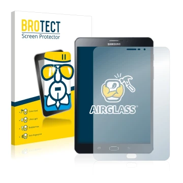 Parte frontal de un envase de producto con el logotipo de la marca BROTECT. Al lado se muestra el dispositivo Samsung Galaxy T