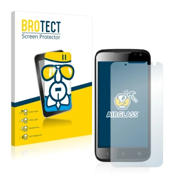 Parte frontal de un envase de producto con el logotipo de la marca BROTECT. Al lado se muestra el dispositivo Yezz Andy 4.5EL 