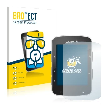 Parte frontal de un envase de producto con el logotipo de la marca BROTECT. Al lado se muestra el dispositivo Garmin Edge 520 