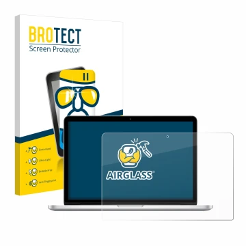 Parte frontal de un envase de producto con el logotipo de la marca BROTECT. Al lado se muestra el dispositivo Apple MacBook Re