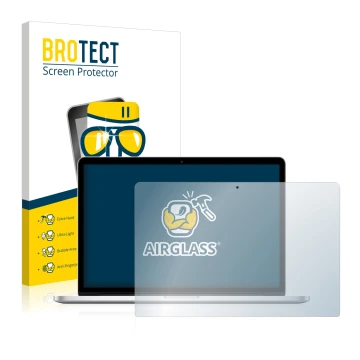 Parte frontal de un envase de producto con el logotipo de la marca BROTECT. Al lado se muestra el dispositivo Apple MacBook Pr