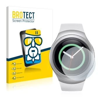 Parte frontal de un envase de producto con el logotipo de la marca BROTECT. Al lado se muestra el dispositivo Samsung Gear S2 