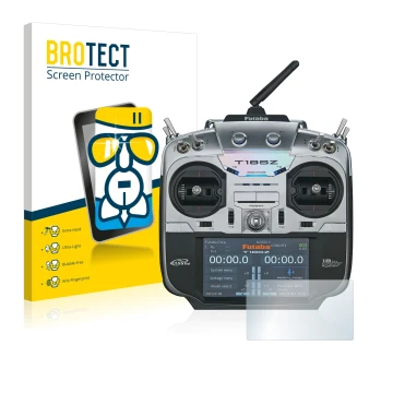 Parte frontal de un envase de producto con el logotipo de la marca BROTECT. Al lado se muestra el dispositivo Robbe Futaba T18
