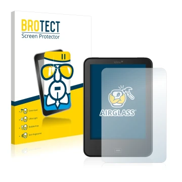 Parte frontal de un envase de producto con el logotipo de la marca BROTECT. Al lado se muestra el dispositivo Tolino Vision 3 