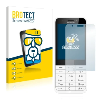 Parte frontal de un envase de producto con el logotipo de la marca BROTECT. Al lado se muestra el dispositivo Nokia 230 con su