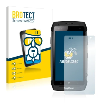 Parte frontal de un envase de producto con el logotipo de la marca BROTECT. Al lado se muestra el dispositivo RugGear RG730 co