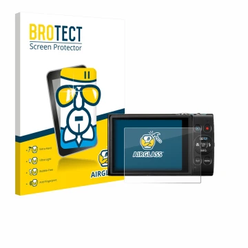 Parte frontal de un envase de producto con el logotipo de la marca BROTECT. Al lado se muestra el dispositivo Canon Digital Ix