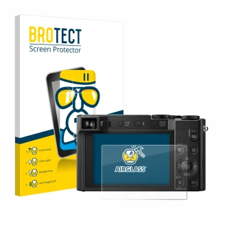 Parte frontal de un envase de producto con el logotipo de la marca BROTECT. Al lado se muestra el dispositivo Panasonic Lumix 