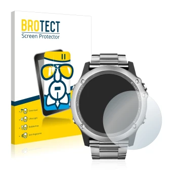 Parte frontal de un envase de producto con el logotipo de la marca BROTECT. Al lado se muestra el dispositivo Garmin Fenix 3 S