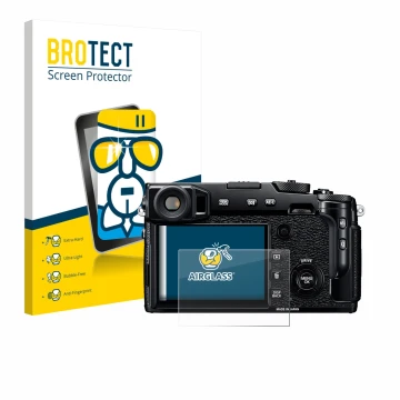 Parte frontal de un envase de producto con el logotipo de la marca BROTECT. Al lado se muestra el dispositivo Fujifilm X-Pro2 