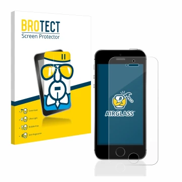 Parte frontal de un envase de producto con el logotipo de la marca BROTECT. Al lado se muestra el dispositivo Apple iPhone SE 