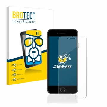 Parte frontal de un envase de producto con el logotipo de la marca BROTECT. Al lado se muestra el dispositivo Apple iPhone 7 c