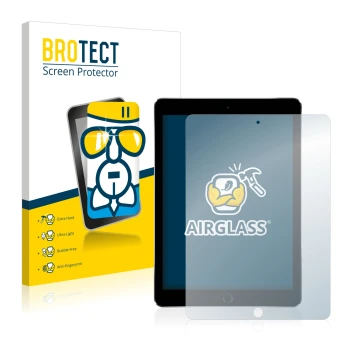 Parte frontal de un envase de producto con el logotipo de la marca BROTECT. Al lado se muestra el dispositivo Apple iPad Pro 9