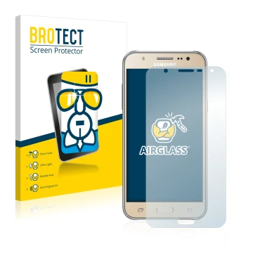 Parte frontal de un envase de producto con el logotipo de la marca BROTECT. Al lado se muestra el dispositivo Samsung Galaxy J