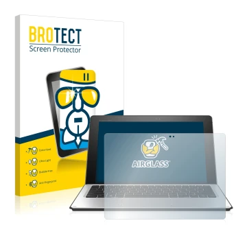 Parte frontal de un envase de producto con el logotipo de la marca BROTECT. Al lado se muestra el dispositivo HP Elite x2 1012