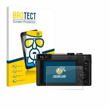 Parte frontal de un envase de producto con el logotipo de la marca BROTECT. Al lado se muestra el dispositivo Panasonic Lumix 