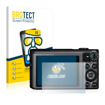 Parte frontal de un envase de producto con el logotipo de la marca BROTECT. Al lado se muestra el dispositivo Canon PowerShot 