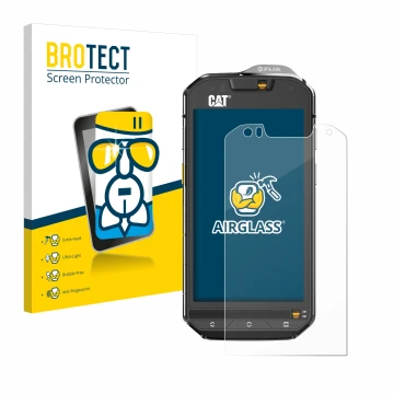 Parte frontal de un envase de producto con el logotipo de la marca BROTECT. Al lado se muestra el dispositivo Caterpillar Cat 