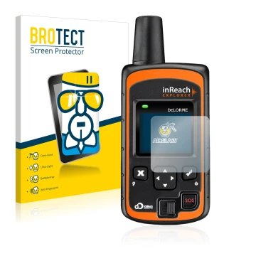 Parte frontal de un envase de producto con el logotipo de la marca BROTECT. Al lado se muestra el dispositivo DeLorme inReach 