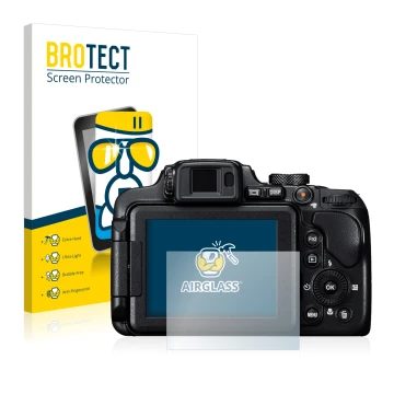 Parte frontal de un envase de producto con el logotipo de la marca BROTECT. Al lado se muestra el dispositivo Nikon Coolpix B7