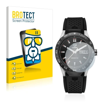 Parte frontal de un envase de producto con el logotipo de la marca BROTECT. Al lado se muestra el dispositivo TAG Heuer Connec