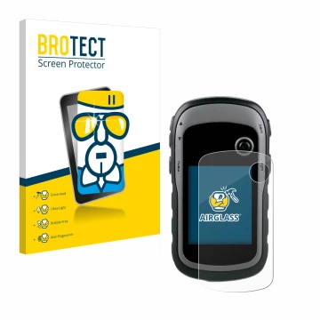 Parte frontal de un envase de producto con el logotipo de la marca BROTECT. Al lado se muestra el dispositivo Garmin eTrex 30x