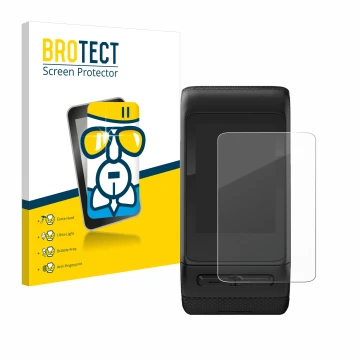 Parte frontal de un envase de producto con el logotipo de la marca BROTECT. Al lado se muestra el dispositivo Garmin vivoactiv